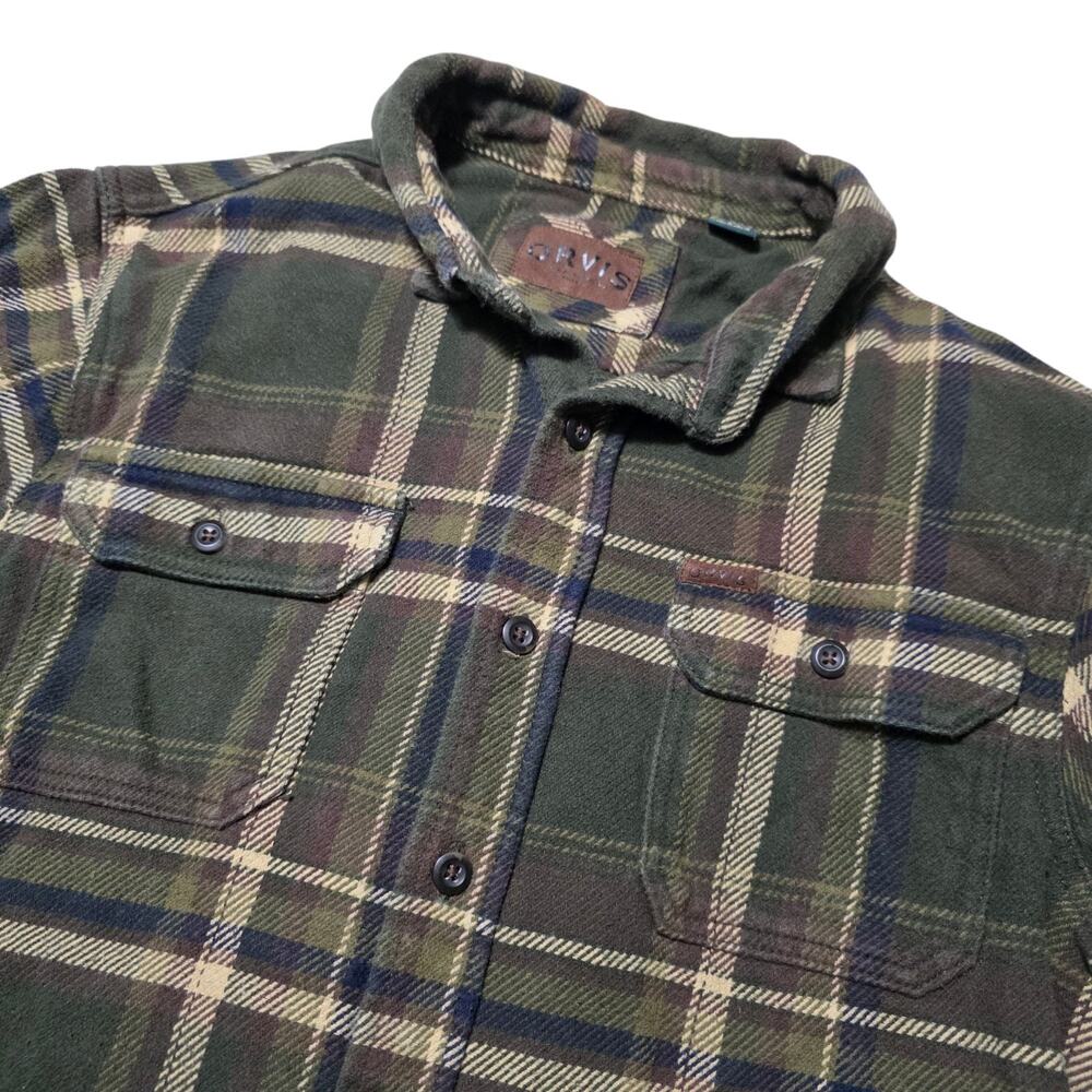 Orvis Mens Flannel Shacket Shirt Sz M Olive Plaid Heavyweight Outdoor Workwear